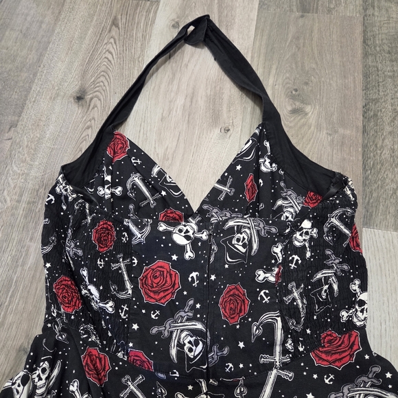 Hell Bunny Vixen Cotton Blend Black Halter Dress with Red Rose & Nautical Print - Picture 7 of 10